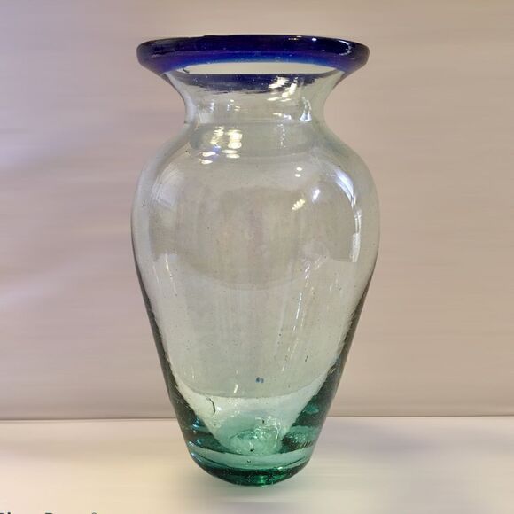 Green Tint Cobalt Blue Rim Bubbled Blown Art Glass Bud Vase - Picture 2 of 16